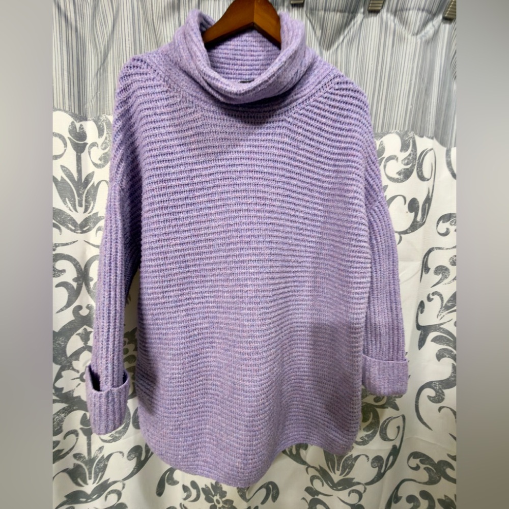 Joan Vass Purple Chunky Knit Cowl Neck Drop Shoulder Sweater Slit Sides Warm M‎